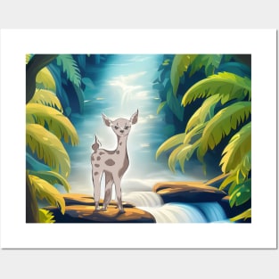 Deer in the Jungle and Waterfall Posters and Art